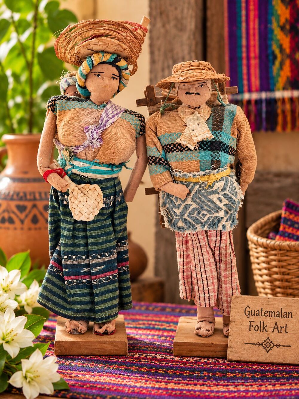 Vintage Guatemalan Folk Art Dolls Pair Handmade Textile Figures Man Woman 12"